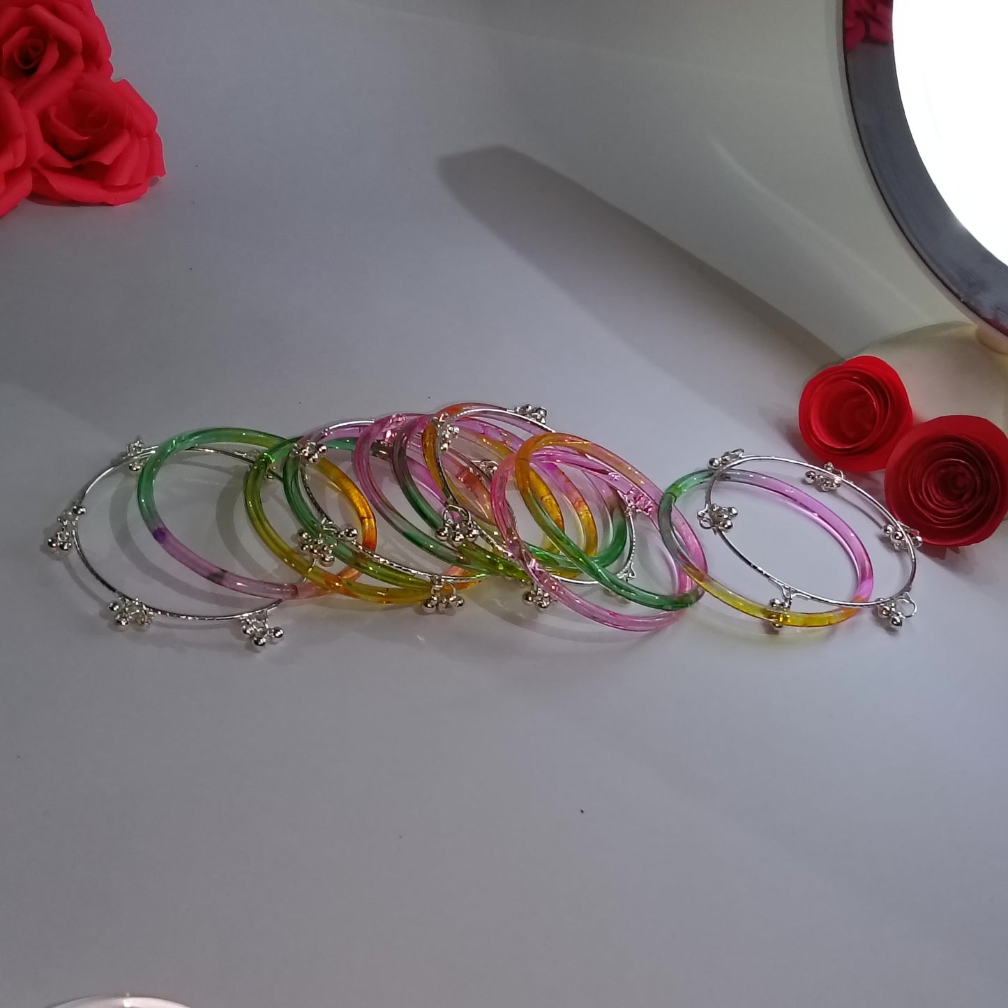 Original Jelly Bangles Set with 4 White Ghunghru Bangles|Set of 12|6 Colors|