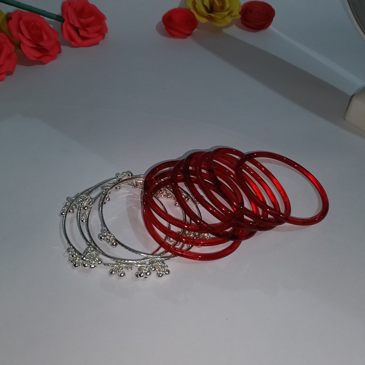 Original Jelly Bangles Set with 4 White Ghunghru Bangles|Set of 12|6 Colors|