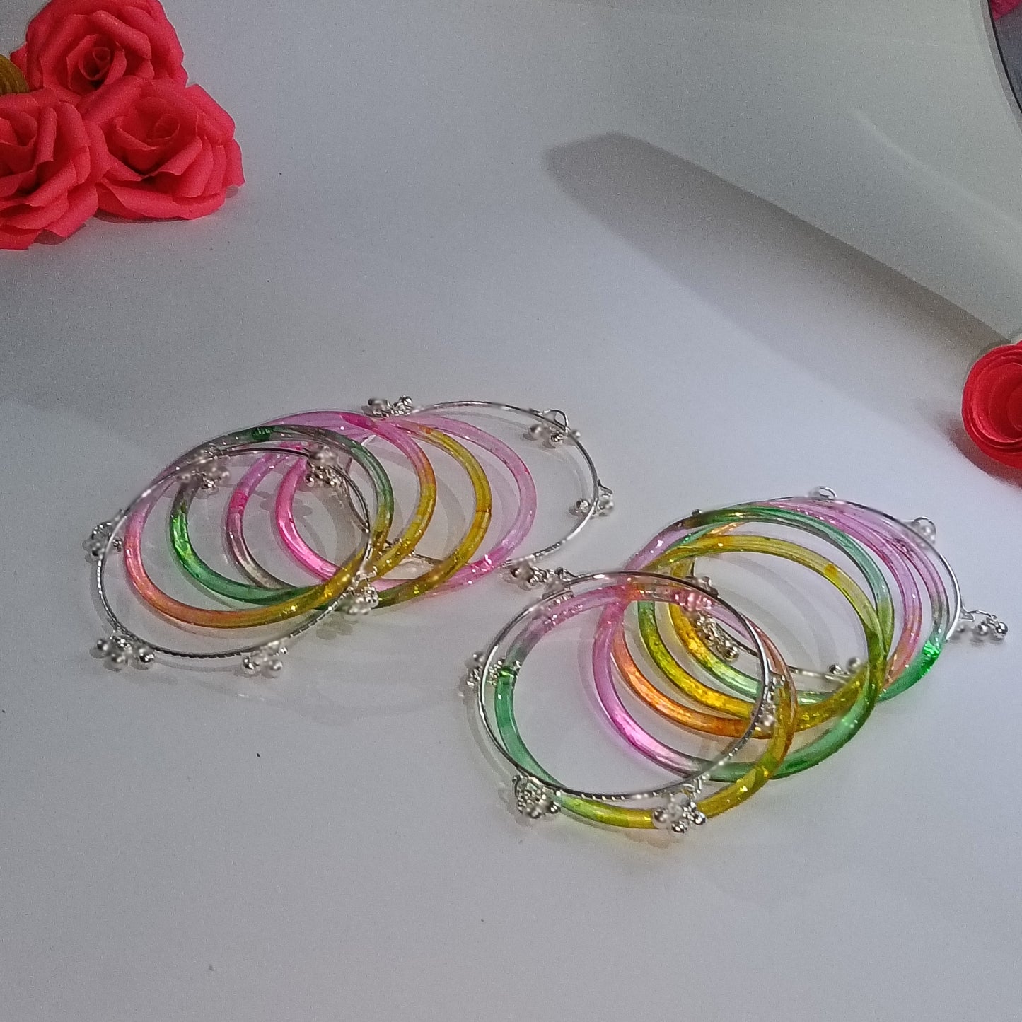 Original Jelly Bangles Set with 4 White Ghunghru Bangles|Set of 12|6 Colors|