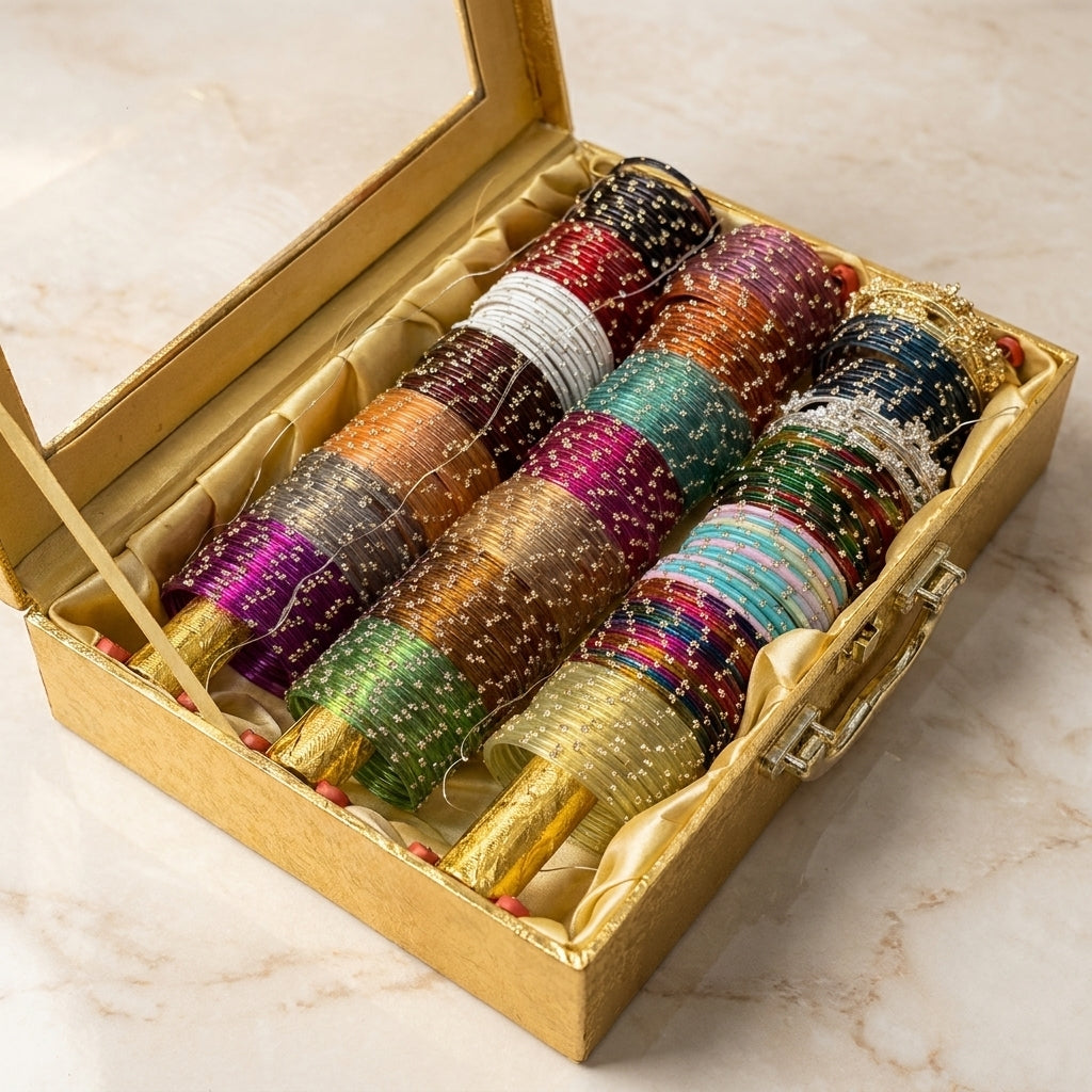 Original 18 Dozen kashmiri Bangles Set with 8 Golden and 8 white Ghunghroo Bells