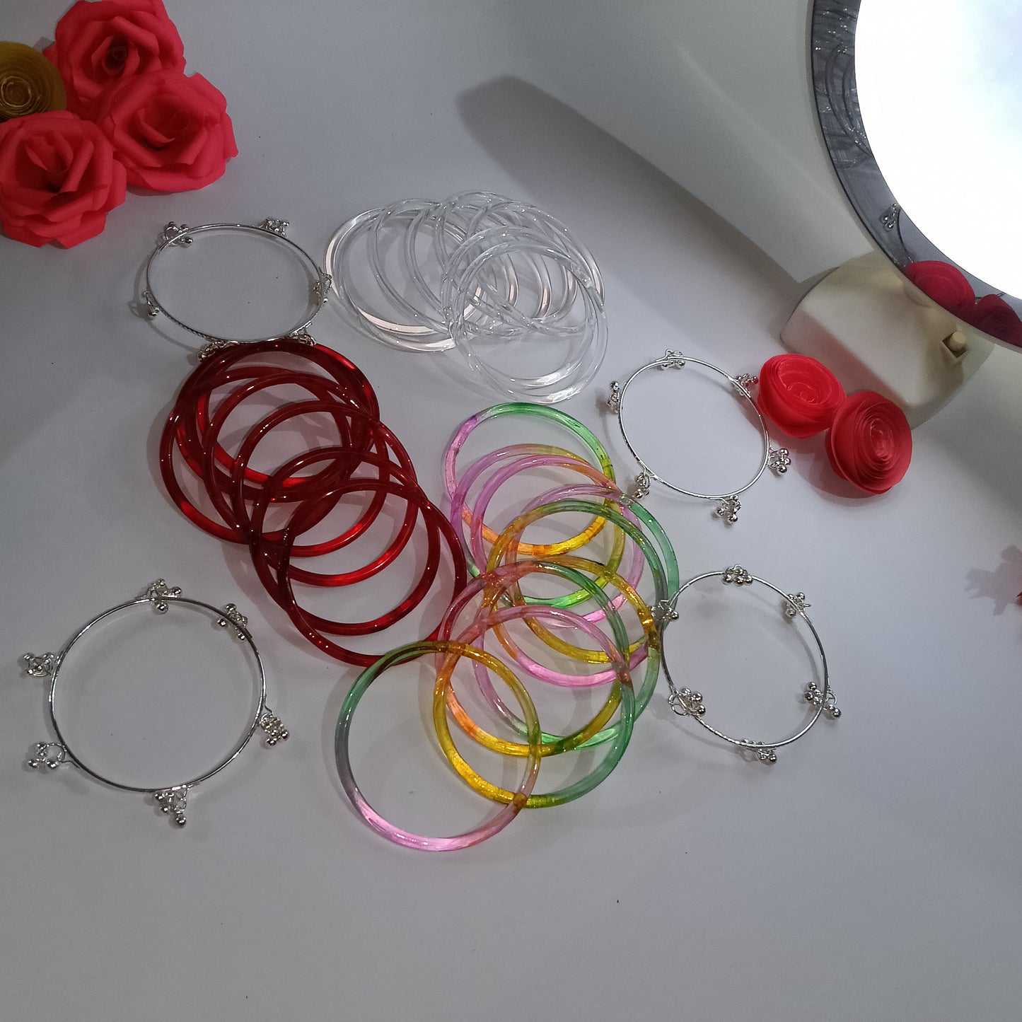 Original Jelly Bangles Combo of 3 colors with 4 White Ghungroo Bangles|Set of 28|