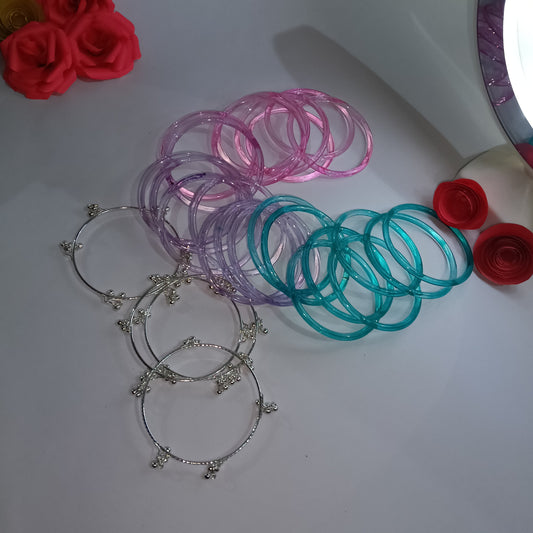 3 Color Original Jelly Bangles Combo with 4 White Ghungroo Bangles|Set of 28|