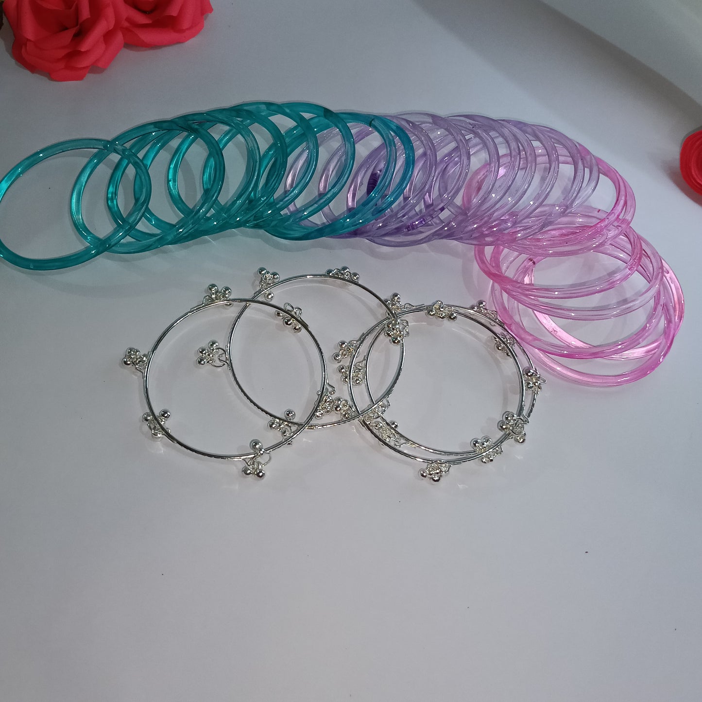 3 Color Original Jelly Bangles Combo with 4 White Ghungroo Bangles|Set of 28|