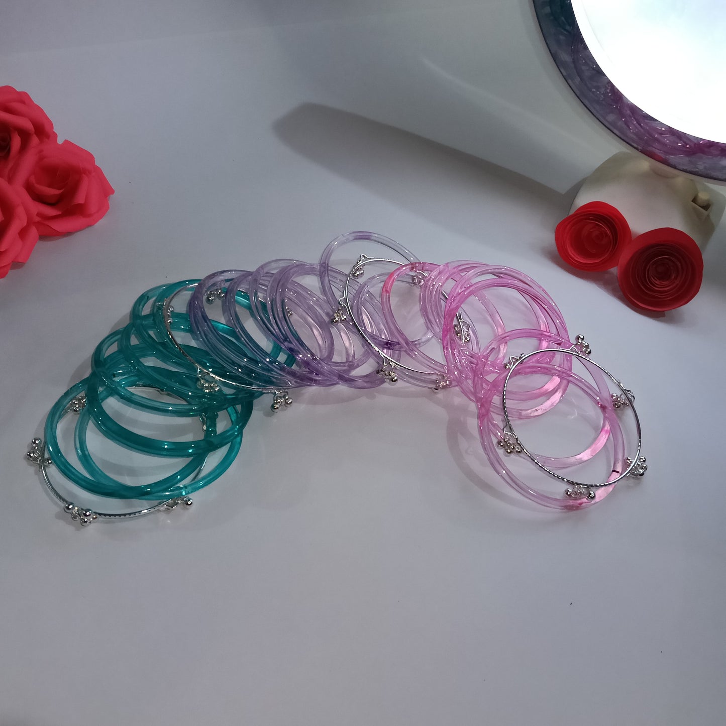 3 Color Original Jelly Bangles Combo with 4 White Ghungroo Bangles|Set of 28|
