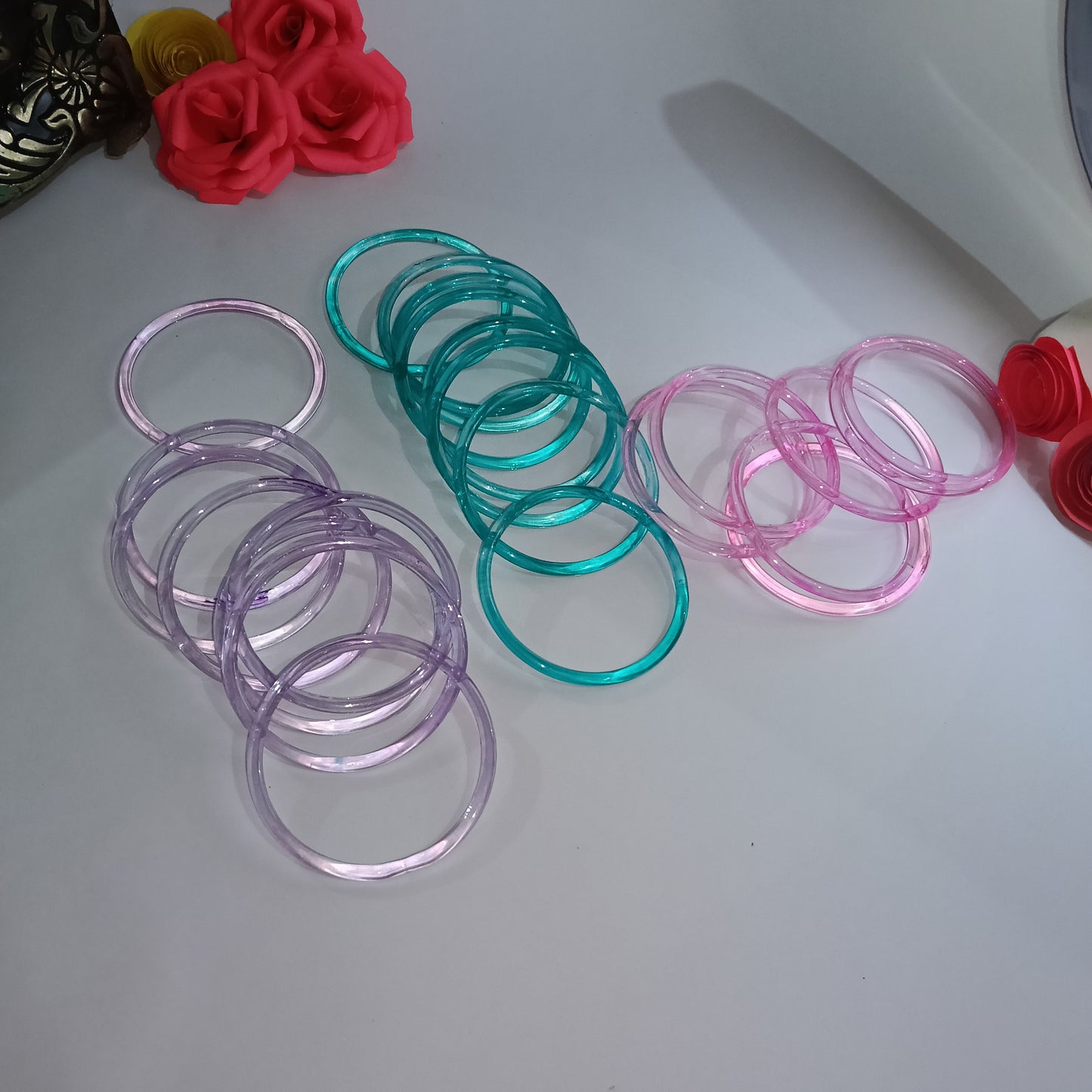 3 Color Original Jelly Bangles Combo with 4 White Ghungroo Bangles|Set of 28|