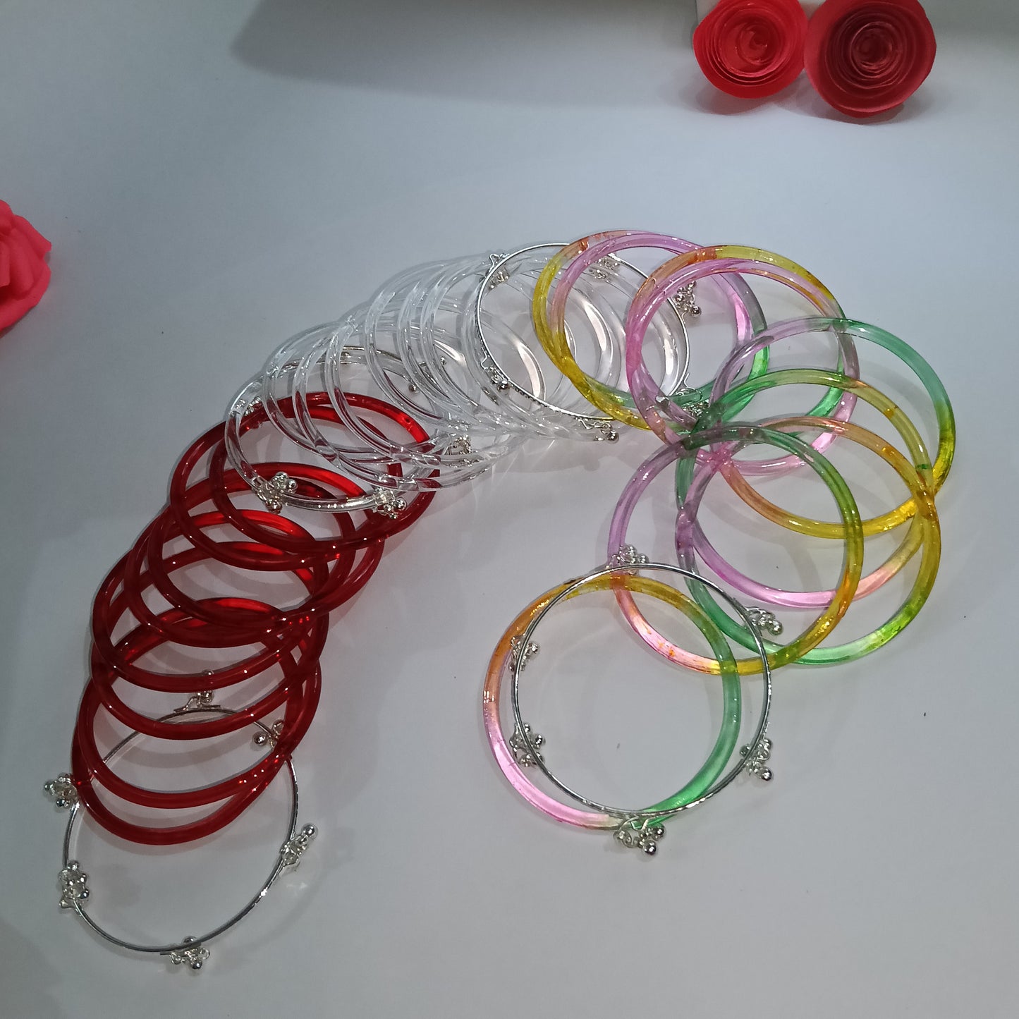 Original Jelly Bangles Combo of 3 colors with 4 White Ghungroo Bangles|Set of 28|