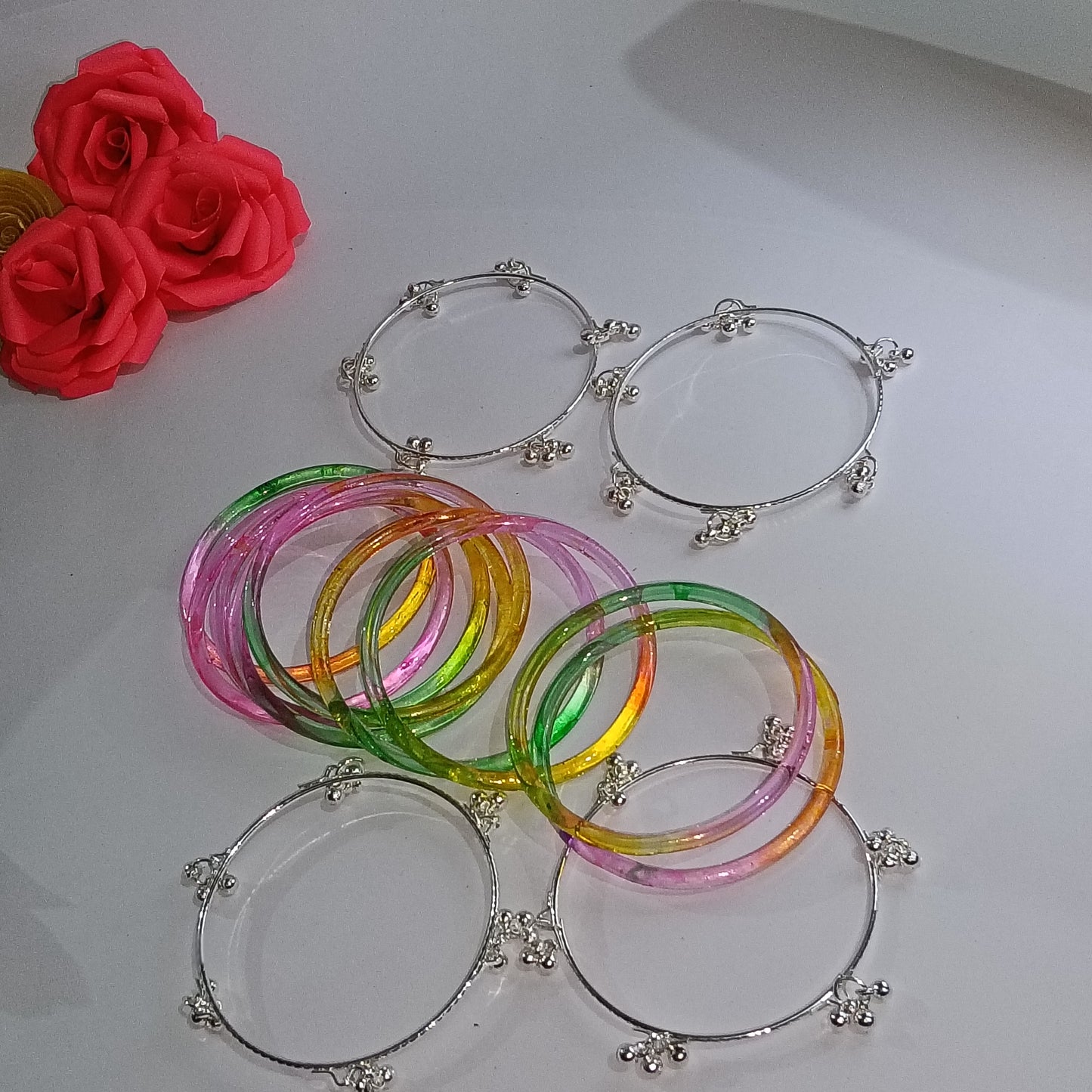 Original Jelly Bangles Set with 4 White Ghunghru Bangles|Set of 12|6 Colors|