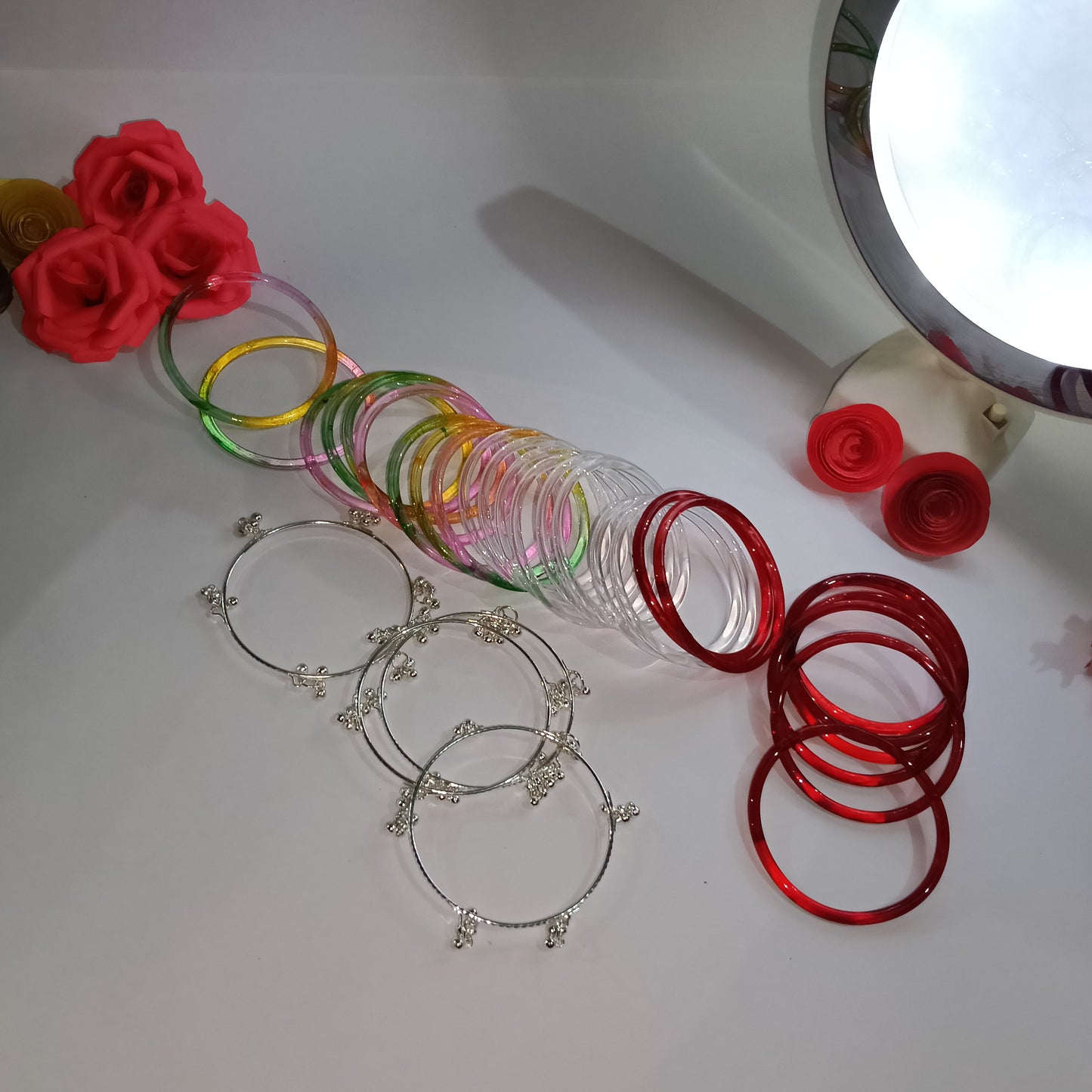 Original Jelly Bangles Combo of 3 colors with 4 White Ghungroo Bangles|Set of 28|