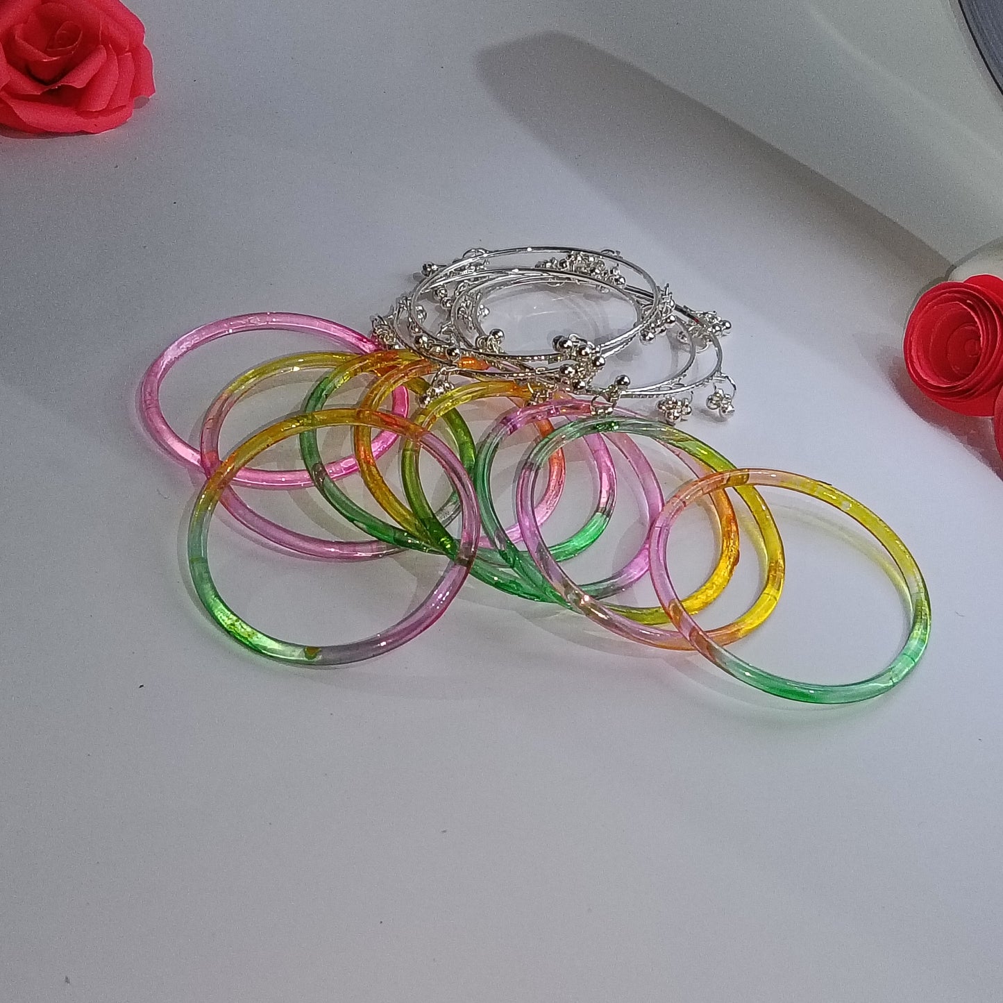 Original Jelly Bangles Set with 4 White Ghunghru Bangles|Set of 12|6 Colors|