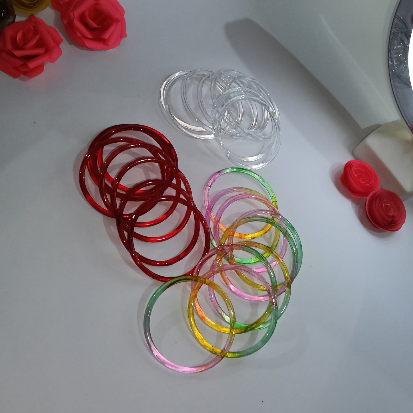 Original Jelly Bangles Combo of 3 colors with 4 White Ghungroo Bangles|Set of 28|